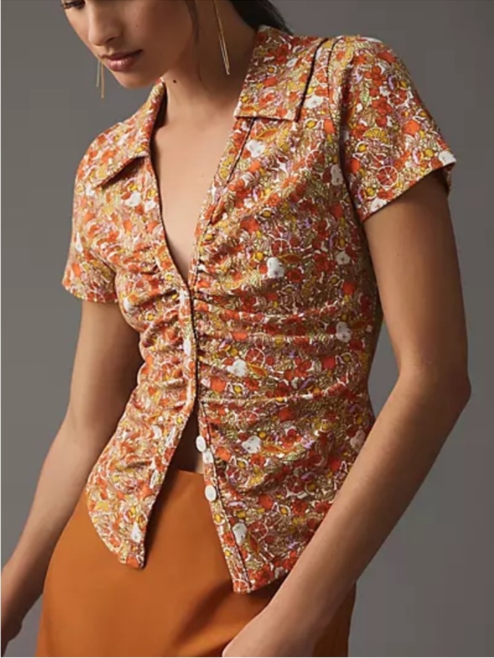 Maeve Orange Floral Ruched Button-Front Short Sleeve Top